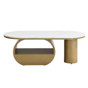 English Elm Luxury Oval Coffee Table with Faux Marble Top, Sturdy Metal Frame, Storage Drawer, Adjustable Feet Golden+White W821S00029