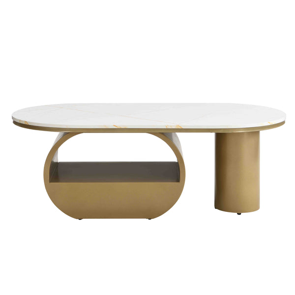 English Elm Luxury Oval Coffee Table with Faux Marble Top, Sturdy Metal Frame, Storage Drawer, Adjustable Feet Golden+White W821S00029
