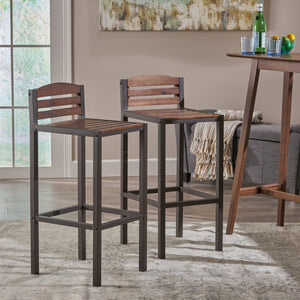 English Elm Christopher Knight Home® - Milos Acacia Wood Barstool Set of 2 — Modern Industrial Outdoor Seats, Powder-Coated Iron Frames Durable 57485.00DBRN