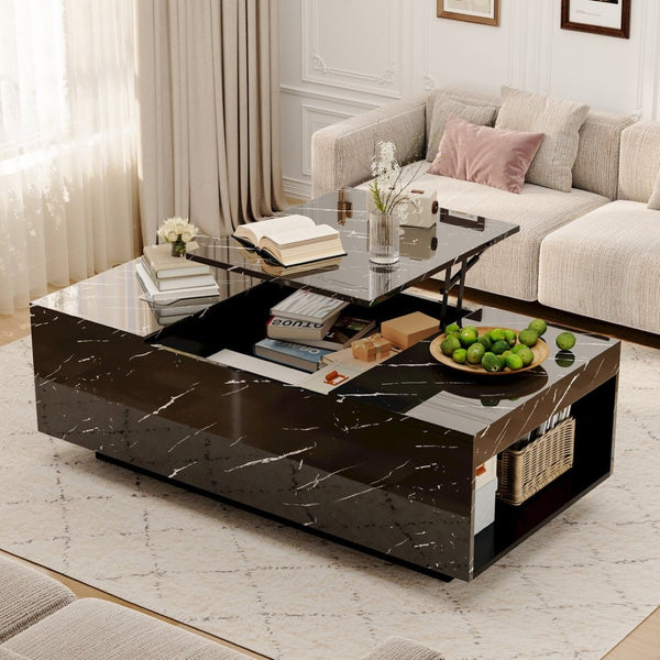 English Elm Coffee Table with Led Lighting Bluetooth Speaker Wireless Charging and Faux Marble Top T3773P415730