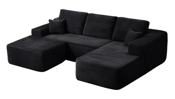 English Elm 104" Modular U-shape Sectional Plush Corduroy Deep Seat Sofa with Built-in Storage Pockets W3975S00036