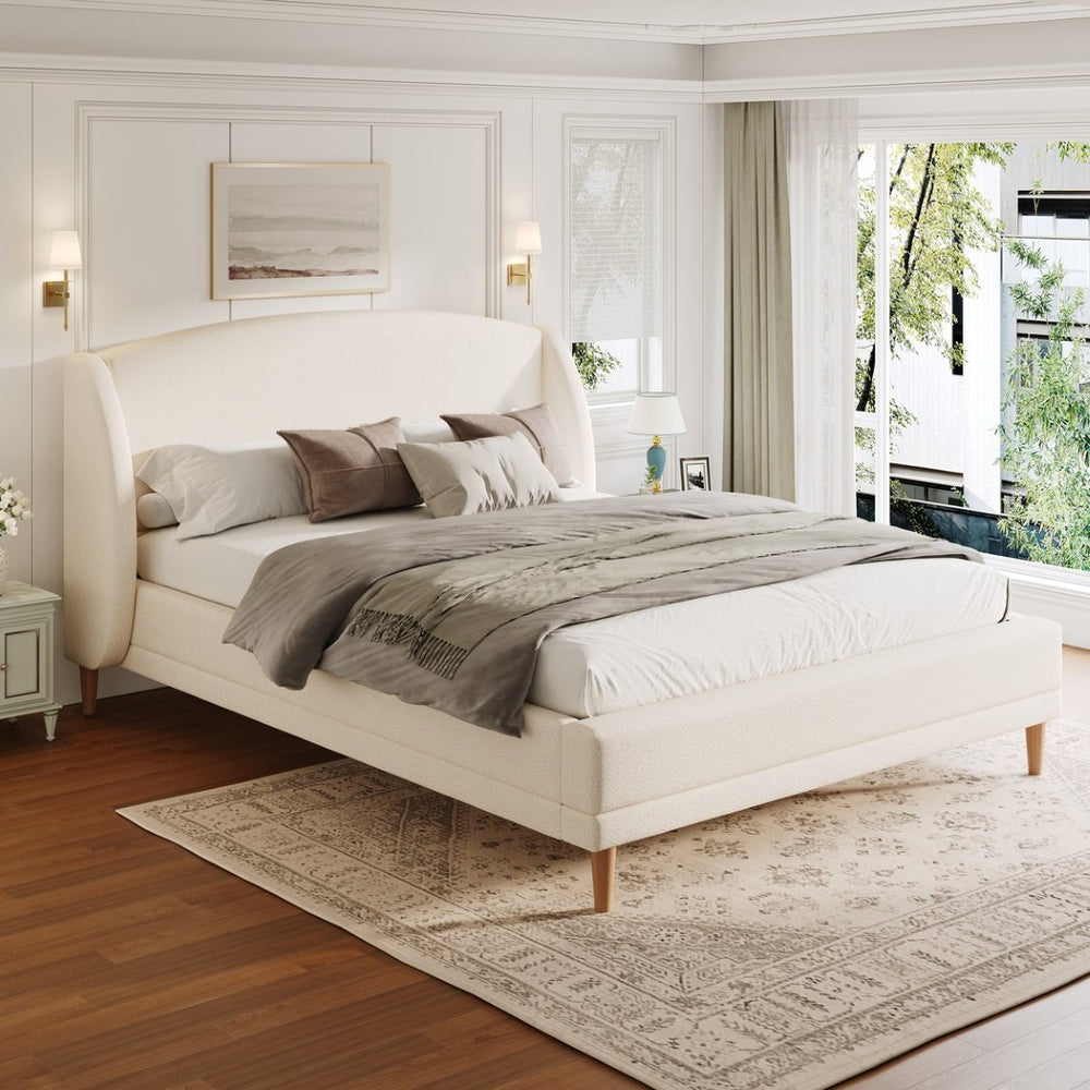 English Elm Queen Boucle Upholstered Wingback Platform Bed Rounded Frame for Modern Bedroom N757Q246186W-1
