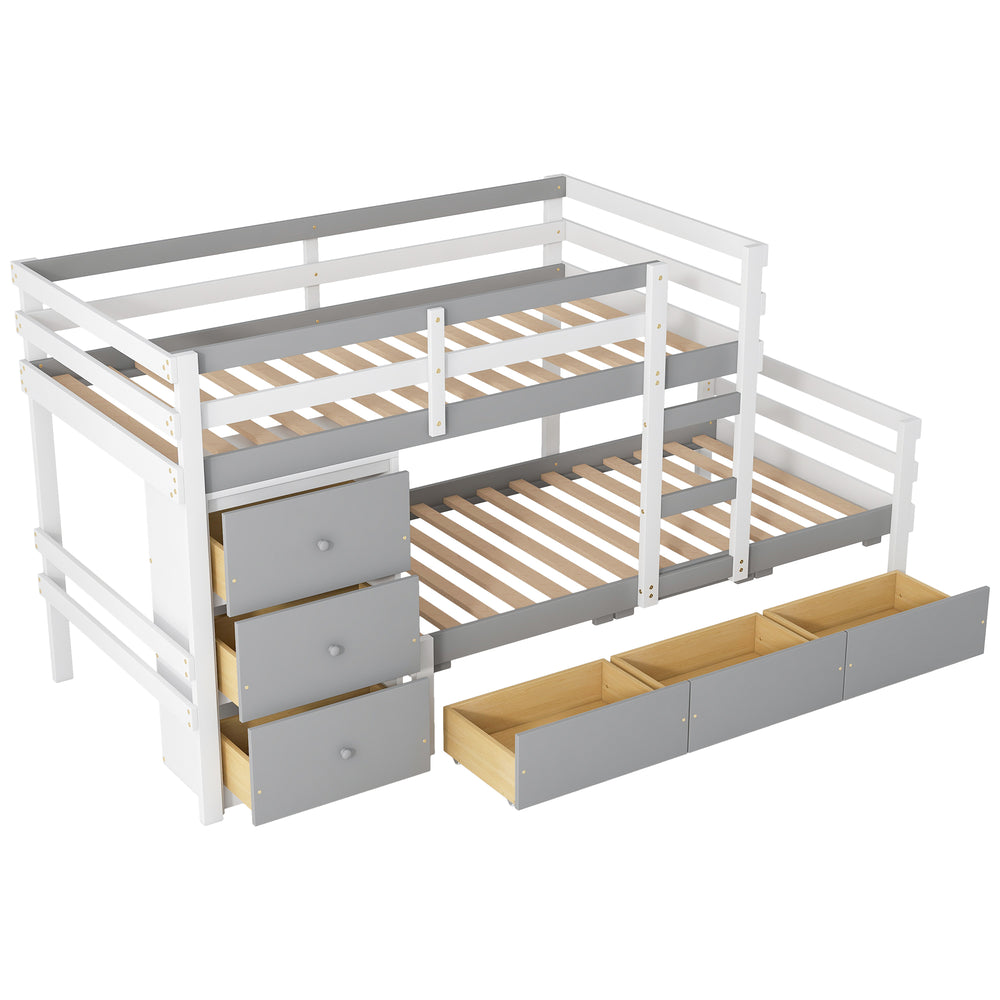 English Elm Twin Loft Bunk Bed with Built-In Drawers and Ladder, Space-Saving Twin over Twin Pine MDF Design Gray GX000424AAE