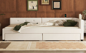 English Elm Queen Upholstered Platform Bed with Linen, 2 Storage Drawers & USB Ports, Beige, Sturdy 600lb Capacity DL000586AAA