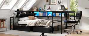 English Elm Corner Queen Platform Bed with Led Lighting Bookcase Shelving and Underbed Storage Drawers Black W1670S00034