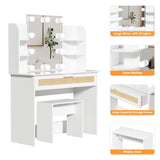 English Elm Vanity Desk Set Stool & Dressing Table With Led Lighting Mirror Drawer and Compartments Modern Wood Cosmetic Table Chest Of Drawers White Color