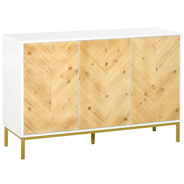 English Elm HOMCOM Rustic Chevron 3-Door Sideboard Buffet with Push-Open Doors, Adjustable Shelves & Metal Legs Natural W2225P217405