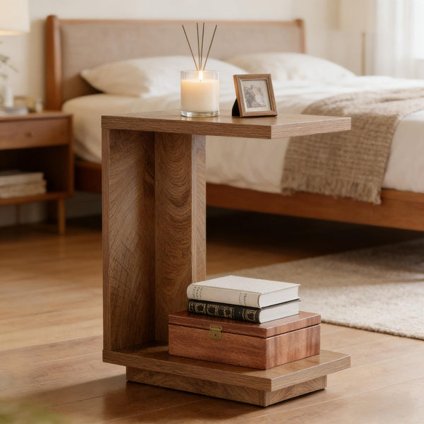 English Elm C-shaped Side Table Slatted Mdf Frame Dark Wood Finish Sofa or Bed Accent T3971P451312