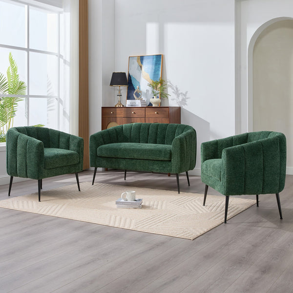 English Elm 3-Piece Chenille Small Living Room Furniture Set with Metal Legs, Channel Tufted Sofa and Loveseat Set Green W3118S00017