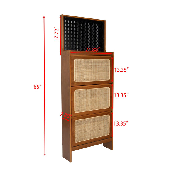 English Elm Rattan Narrow Shoe Cabinet with 3 Flip Drawers, Black Pegboard & Top Organizer — Slim 65"H Storage W1801P172870