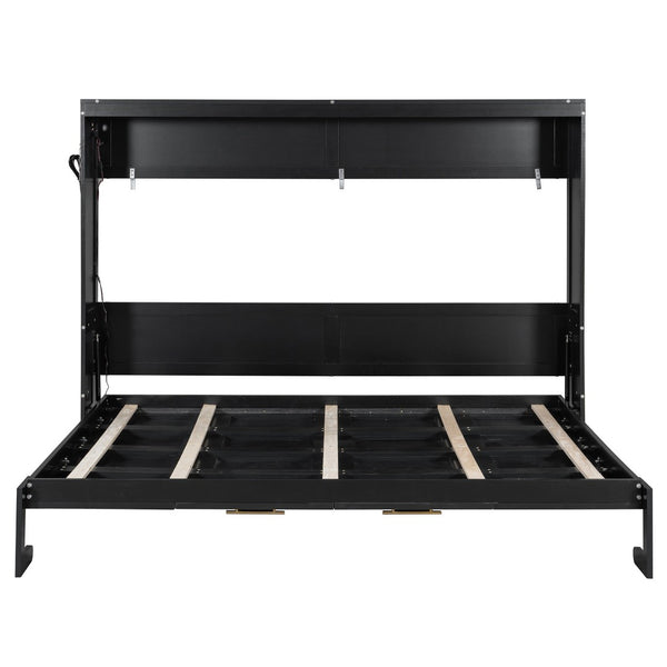 English Elm Queen-size Murphy Wall Bed with Led Ambient Lighting Usb Outlet and Graphic Panel Black LP000357AAB