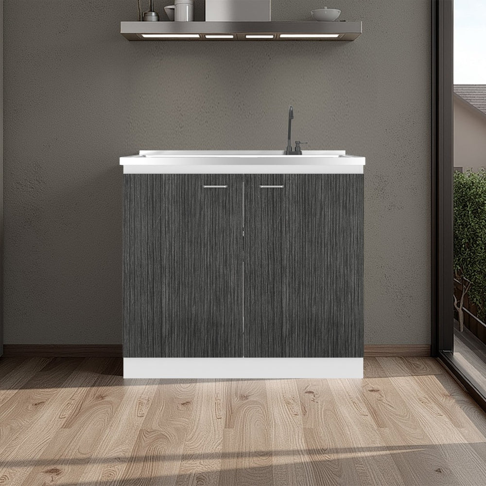English Elm Zurich Freestanding Stainless Steel Utility Sink with Black Storage Cabinet for Garage Grey+White B200S00457