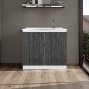 English Elm Zurich Freestanding Stainless Steel Utility Sink with Black Storage Cabinet for Garage Grey+White B200S00457