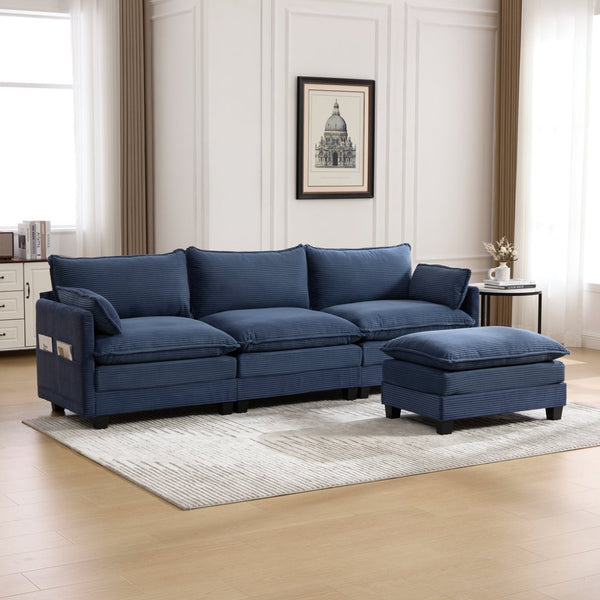 English Elm United We Win Modular Corduroy Sectional with Ottoman Low Profile Living Room Couch Navy W1568S00261