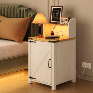 English Elm OKD Farmhouse Nightstand with Built-In Charging Station, Barn Door Accent, Adjustable Storage Shelf and Sturdy Frame White W1550P311284