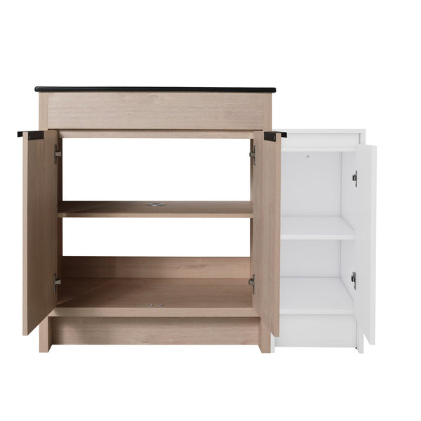 English Elm 42 Inch Freestanding Bathroom Vanity With Black Ceramic Sink & Ample Storage, Soft-Close Doors W999S00305
