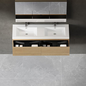 English Elm 60'' Floating Wall Mount Vanity Dual Quartz Basins Smoked Walnut Fluted Cabinet W1920P385461