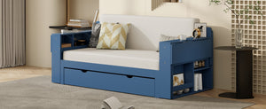 English Elm Full Size Daybed with Hydraulic Desk Armrests Storage Drawer and Sofa Seating Blue LT000271AAC
