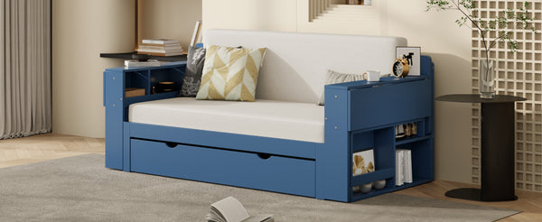 English Elm Full Size Daybed with Hydraulic Desk Armrests Storage Drawer and Sofa Seating Blue LT000271AAC