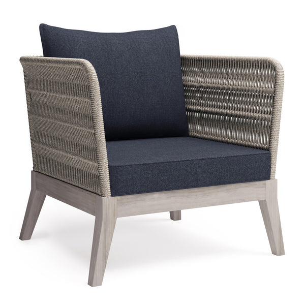 English Elm Santiago Outdoor Conversation Chair in Slate Grey — Handcrafted Acacia, Rope Wrap, Water-Repellent Cushions B136P159364