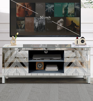 English Elm 47 Inch Mirror Tv Media Console With Diamond Glass Doors - Chic Dual Storage For Modern Living Spaces W1445P299045