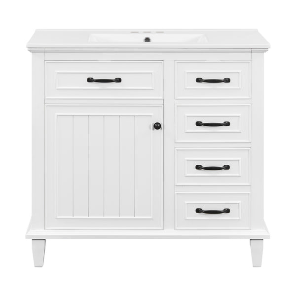 English Elm 36 Inch Bathroom Vanity - Modern Ceramic Sink, Solid Wood Frame, Adjustable Storage & Soft-Close Doors N725P336554K