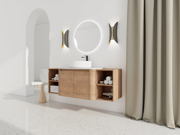 English Elm 54'' Elegant Wall-Mounted Bathroom Vanity With Ceramic Vessel Sink, Soft-Close Doors & Storage Shelves W999S00414