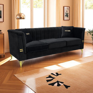 English Elm Fx-P82-Bk2 Modern Velvet 3-Seater Sofa With 2 Pillows | Elegant Chesterfield Design & Glam Gold Legs W576S00215