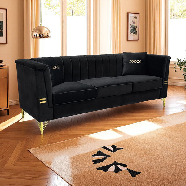 English Elm Fx-P82-Bk2 Modern Velvet 3-Seater Sofa With 2 Pillows | Elegant Chesterfield Design & Glam Gold Legs W576S00215