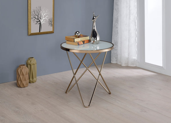 English Elm Valora Frosted Glass Top Coffee Table with Overlapped V Metal Base, Modern Elegant Centerpiece Champagne 33 L x 24 W x 5 H B2726P251275
