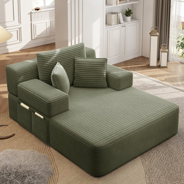 English Elm Luxurious Corduroy Frameless Chaise with Sleeper Conversion Foam Cushioning and Storage Pocket Green W3219P459765