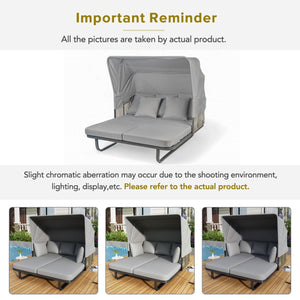 English Elm 57" Outdoor Patio Daybed with Retractable Sunshade Canopy, Rattan Accents, Water-Repellent Fabric, Durable Iron Frame Grey N719Z000150E