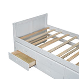 English Elm Twin Size Multifunctional Wood Platform Bed With Desk and Storage Shelf At The End Of The Bed, Built-In Trundle and 3 Drawers, White