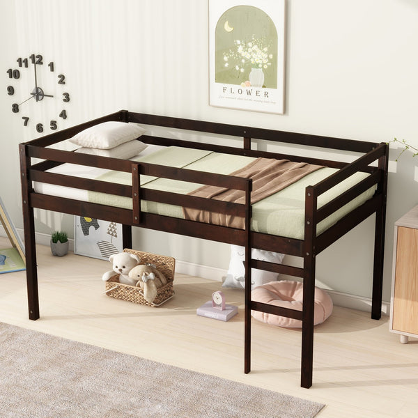 English Elm Solid Twin Loft Bed with Ladder and Reinforced Slats for Storage-Friendly, Space-Saving Bedrooms Espresso W504P190953