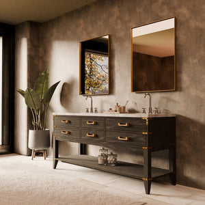 English Elm Black Oak Double Bath Vanity With Carrara Marble Top – Elegant Design, Spacious Storage & Soft-Close Drawers B2731P261045