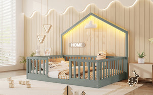 English Elm Twin Montessori Floor Bed House Frame with Led Lighting and Safety Rails for Kids Grey W2593P440606
