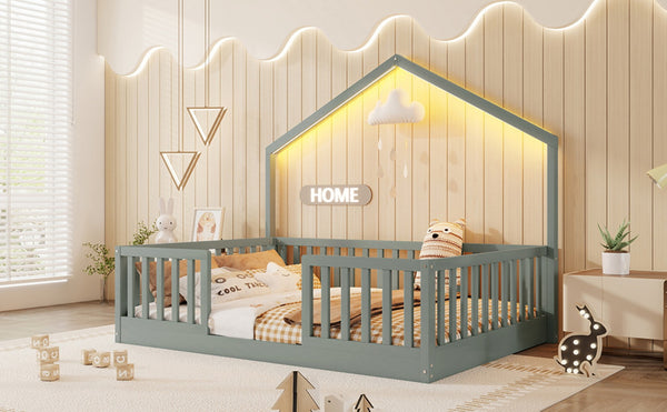 English Elm Twin Montessori Floor Bed House Frame with Led Lighting and Safety Rails for Kids Grey W2593P440606