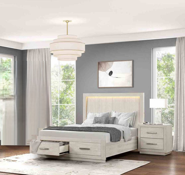 English Elm King Platform Bed Set with Led Headboard Oak Veneer Storage and Two Nightstands B2741S00863