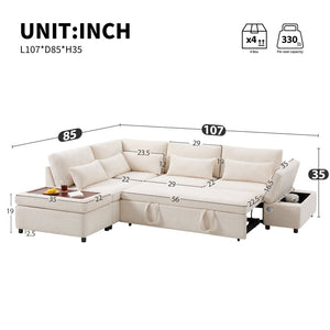 English Elm [video]107'' Chenille Sleeper Sectional with Usb Charging Storage Ottoman and Adjustable Armrest Beige N723S8782A