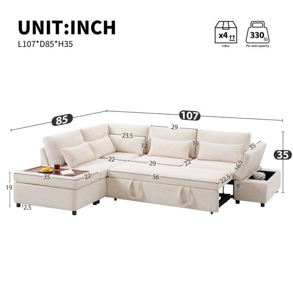 English Elm [video]107'' Chenille Sleeper Sectional with Usb Charging Storage Ottoman and Adjustable Armrest Beige N723S8782A