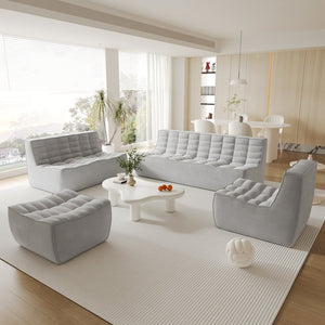 English Elm Caterpillar Minimalist Waffle 7-Seater Floor Sofa Set – Light Gray Chenille Linen, High-Density Foam Comfort B341S00039