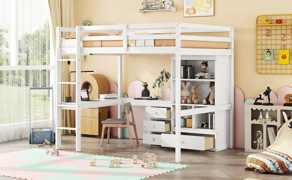 English Elm Full Size Loft Bed With Integrated Desk, Storage Shelves, Drawers & Safe Ladder - Stylish & Space-Saving W504S00161