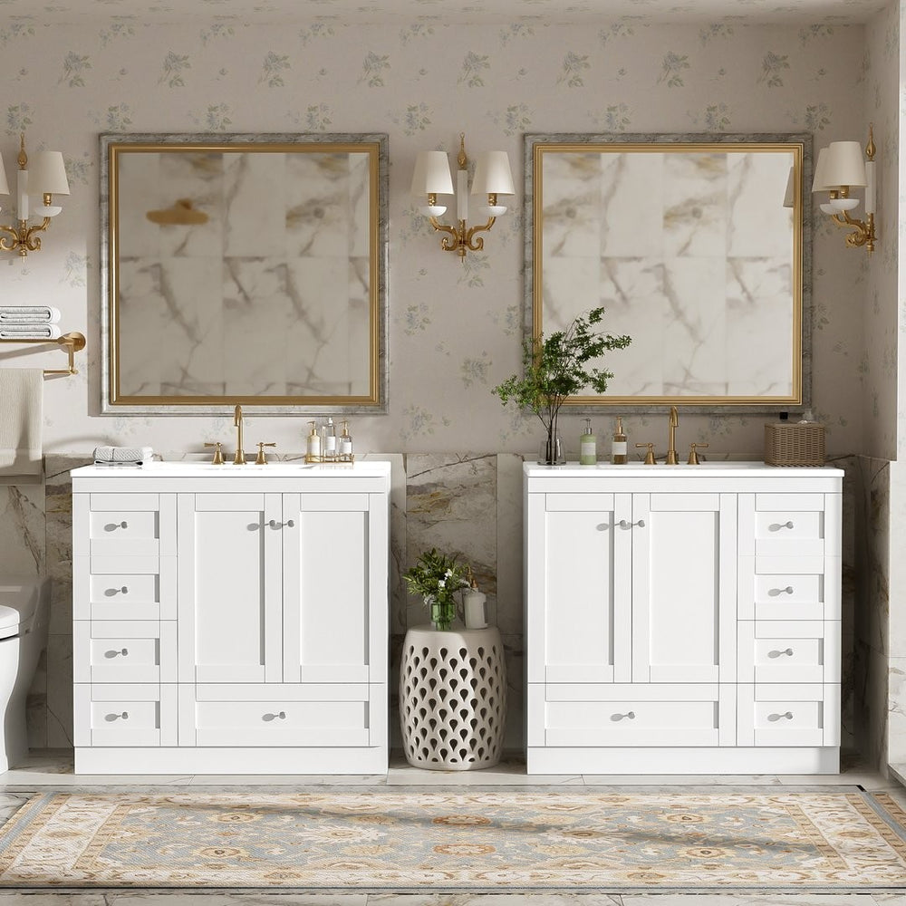 English Elm 72" Freestanding Shaker Bathroom Vanity Double Ceramic Sink Eight Soft Close Drawers N729P000032K
