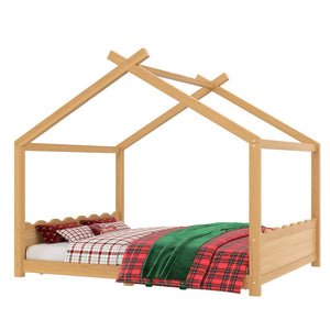 English Elm Queen House Frame Floor Bed Solid Pine Montessori Low Profile Kids Bedroom Natural W1580P387849