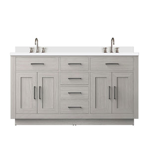 English Elm White Oak Double Bath Vanity - 60" W X 22" D, White Quartz Top & Chrome Faucet Set For Modern Homes B2731P257767-GIGA