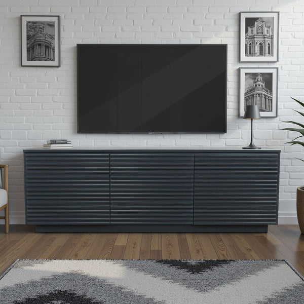 English Elm 74 Inch Three Door TV Stand for TVs up to 85" — Black Poplar & Okume Veneer Console, Cable Management, Fully Assembled, Modern Storage B108P255348