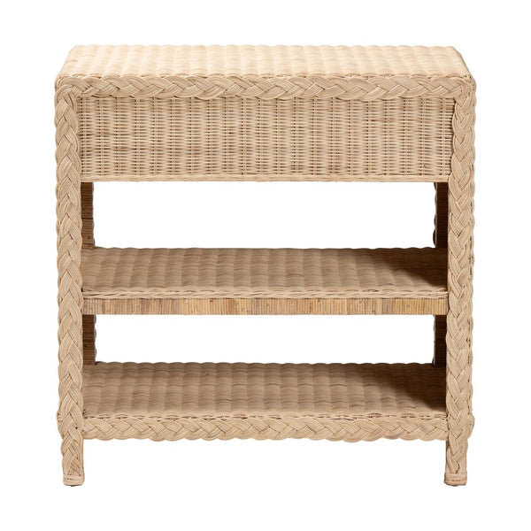 English Elm Japandi Braided Rattan Console Table with Two Drawers Open Shelves Entryway Storage B2750P420412