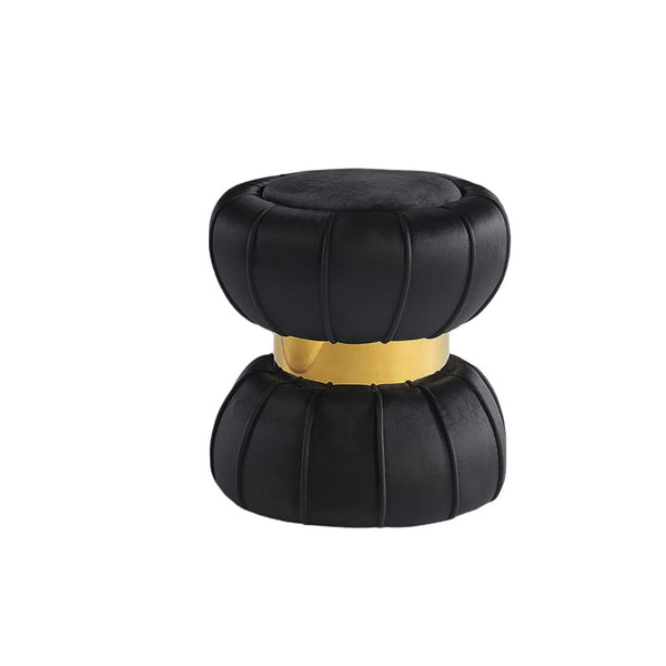 English Elm Contemporary Plush Pleated Round Ottoman Stool with Gold Trim Base, Velvet-Like Accent Seat for Living Room Black 17 L x 17 W x 19 H B2741P388361