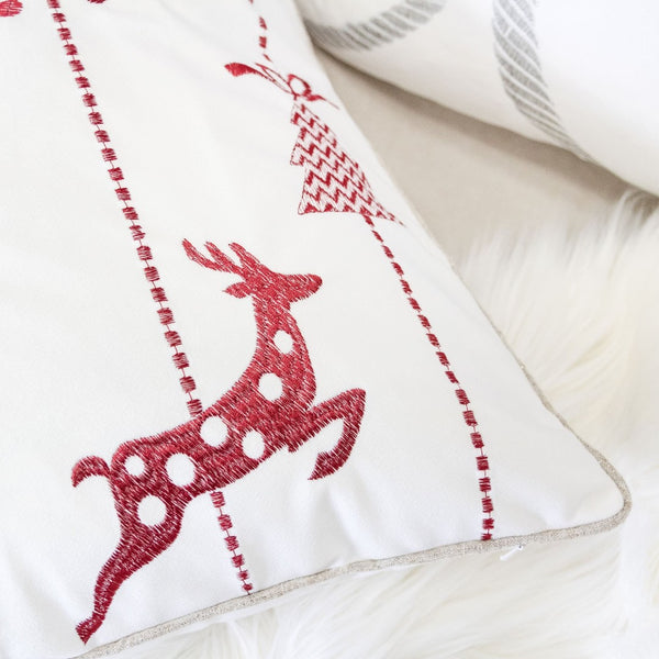 English Elm White Christmas Throw Pillow 20X20 - Elegant Red Embroidered Reindeer & Snowflakes For Festive Cheer B357P361376-GIGA
