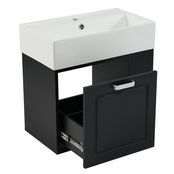 English Elm Christopher Knight Home® - 21.8" Wall-Mounted Bathroom Vanity with Ceramic Sink, Soft-Close Drawer, Adjustable Shelves & Tissue Holder Black N759P292550B